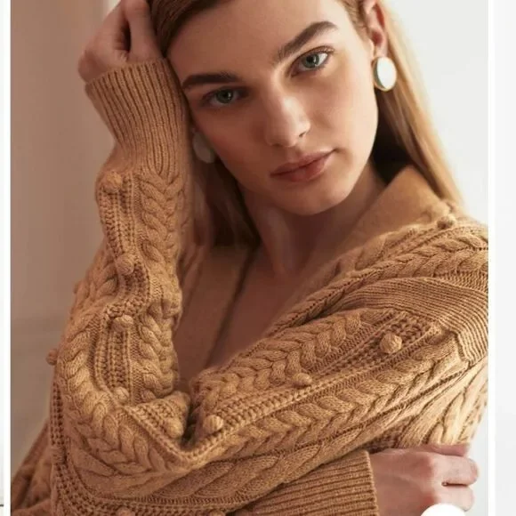 White + Warren Camel Brown Wool Blend Chunky Knit Cardigan Sweater Womens L - Picture 5 of 10